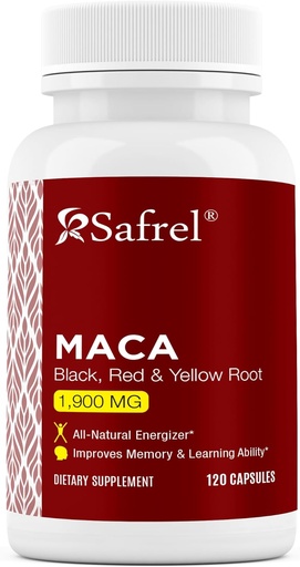 [BRSRAYYLDEBG2GTA] Safrel Organic Maca Root Black, Red, Yellow 1900 MG per Serving - 120 Vegan Capsules Peruvian Maca Root Gelatinized 100% Pure Non-GMO Supports Reproductive Health Natural Energizer