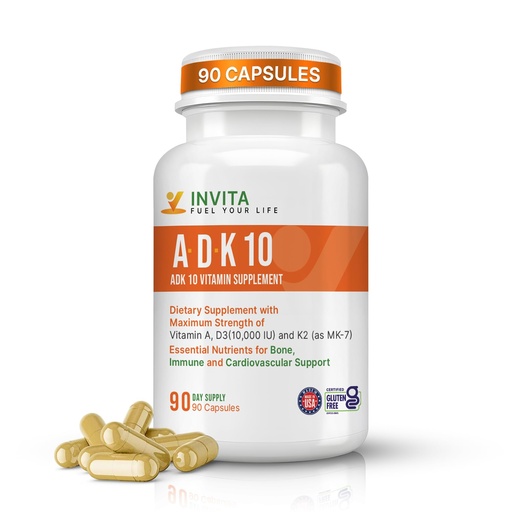 [BRSROYAKOB5BMFD2] INVITA, ADK 10 Vitamin Supplement – 90 Capsules – High Potency of Vitamin A, D3 10,000 IU & K2-MK7 – Physician Formulated ADK for Bone, Heart & Immune Support – Non-GMO, Gluten Free (3-Month Supply)