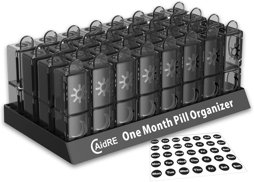 [BRSRMFQFBABGEDL6] Maandelijkse pil Organizer 2 keer per dag, CAidRE 30 Dag pil Organisator AM PM, een maand pil dozen en Organisator, 31 dagen pil Organisator met wekelijkse pil houder voor visolie, vitamines, supplementen, zwart