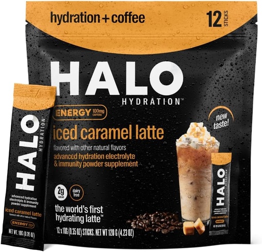 [BRSRMGIFOEPRMYA7] HALO Iced Caramel Latte - Energy Drink Powder – Healthy Coffee Mix for Hydration with Electrolytes, Caffeine, Vitamins and Minerals - 20 Calories - Keto and Low Calorie - 1 x 12 Sticks