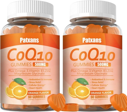 [BRSRAFIPCUAWMGYU] 2 Packs 500MG CoQ10 Supplement Gummies, Omega-3, Magnesium, Vitamin B3, Zinc, Ultra High Absorption Provides Healthy Support for Heart, Cell Energy ＆ Antioxidants, 120Cts.