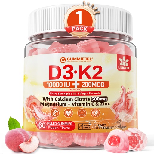 [BRSROYYQCUOQ4YLZ] Vitamin D3 K2 Gummies 5000IU / 10,000 IU with 500mg Calcium + K2(MK-7) 200mcg, Magnesium, Vitamin C & Zinc, Extra Strength - Ultimate Absorbency for Bones, Muscles, Teeth, Vegan, 60 Count (Pack of 1)