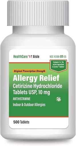 [BRSWGGQNPIDQYC33] HealthCareAisle Alleria Relief - Цетиризин Хлороводородни таблетки USP, 10 mg - 500 таблетки - Original Prescription Сила Алергия Лекарства, 24- часово облекчение