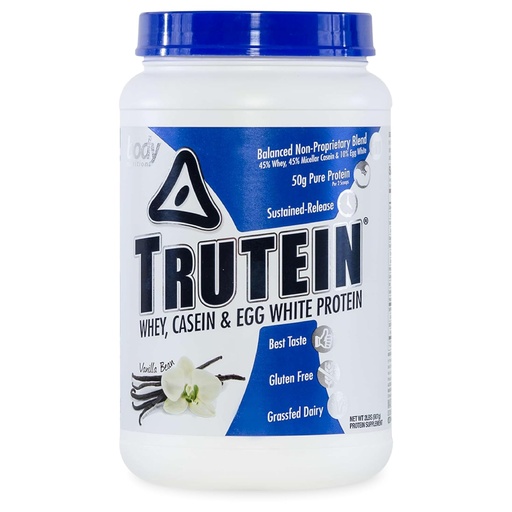 [BRSWIZYGDEGBM23C] Body Nutrition Trutein High Protein Powder: 45% Whey, 45% Casein, 10% Egg White Protein Shake Mix, Gluten-Free, Low Sodium, Low Carb Protein Supplement Powder for Men & Women, Vanilla Bean, 2lb