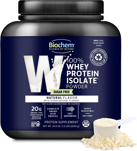 [BRSWYEABOQJW2YLL] Biochem 100% Whey Isolate Protein Powder - Feed grama, baixo carboidrato, Keto-friendly, Non-GMO, Gluten-Free - Suporta Saúde Imune & Recuperação Músculo 20g Proteína Vegetariana por Serviço - Natural Flavor, 1.5lb