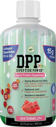 [BRSROHT4A57WCAA4] Ernæringsdesign DPP Dipeptid, sårhealing flytende kollagen og Whey Protein Supplement, Sukkerfri, fremmer sunn hud og hår for menn og kvinner (vannmelon, flaske, 32 fl Oz)