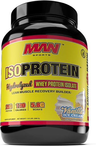 [BRSW2HQECEIR633J] Man Sports ISO-Protein Hydrolyzed 100% Pure Whey Protein Isolate Powder, Vanilla Ice Cream, 1.32 Pounds (20 Days Supply)