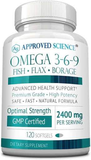 [BRSROAITOIIQ4FL4] Approved Science Omega 3-6-9-2400mg Daily Blend of Fish, Flaxseed, and Borage Oils with Vitamin E - Wellness Support - Non-GMO, Mercury-Free - 120 Softgels - 2 Month Supply