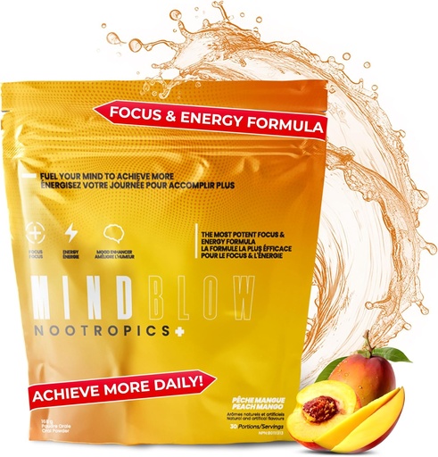 [BRSWYHQ7CUIQA2QV] Nootropic Brain Supplement for Energy, Focus & Mood with Caffeine, L-Tyrosine, Teacrine & Alpha GPC– for Gamers, Gym Enthusiasts, Students & Entrepreneurs- 30 Servings (Peach Mango)