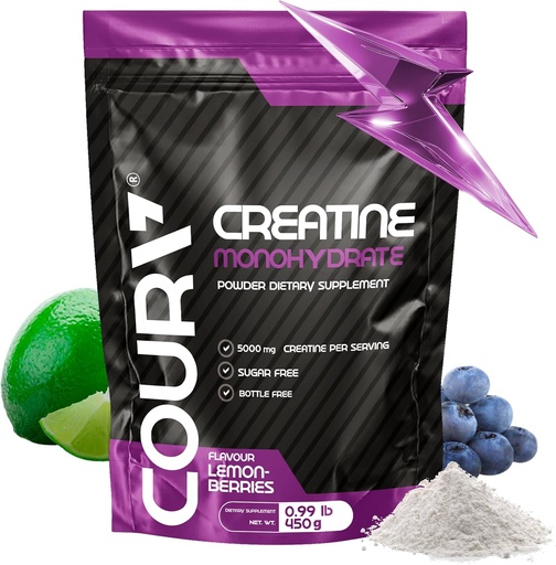 [BRSRAEIRBYCAYFD3] COURA Creatine Monohydrate Lemon-Berries Flavor - 450g - Suplemento Deportivo - Fuerza y resistencia - Ideal para entrenamientos intensos - Gluten Gratis - Botella Gratis