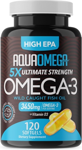 [BRSWGGQLA56WYF3U] 5X Ultimate Strength Omega 3 Fish Oil Supplements, Wild Caught Fish Oil Omega 3 Supplements with High EPA, DHA and Vitamin D, Fishoil Omega3 Supplement for Women & Men, 120 Softgels, Unflavored