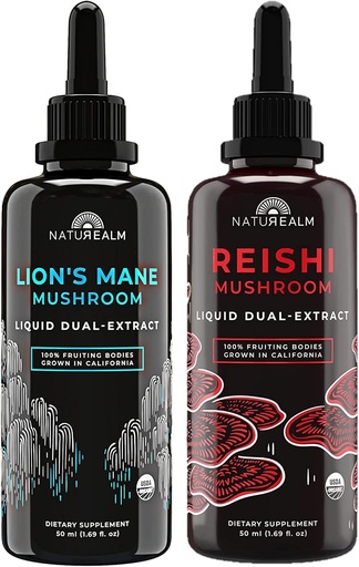 [BRSROZYTBACBAYD5] Naturealm Reishi & Lion’s Mane Mushroom Extract - Adaptogen Stack for Focus, Immunity, Longevity, Gut Health, Anti-Aging, Energy & More - Organic Liquid Drops - 50 mL Each (2 Pack)