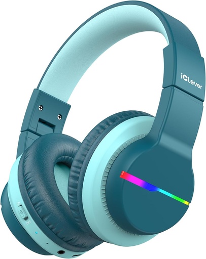 [BRSRMYI3AEMG2ETX] iClever BTH12 Kids Bluetooth Headphones,Colorful LED Lights Wireless Kids Headphones,74/85dBA Safe Volume,85H Playtime,Bluetooth 5.2,Over Ear Headphones Built-in Mic for iPad/Tablet/Airplane,Green