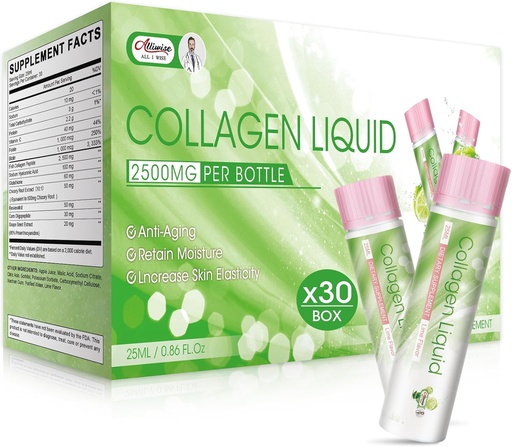 [BRSRAZA7PN7QIYDZ] Liquid Collagen for Women, 2500mg Beauty Collagen Drink with Marine Collagen Peptides Glutathione Anti-Aging, Retain Moisture, Vitamin C & Biotin for Skin Revitalization(Pack of 30)-Lemon Flavor
