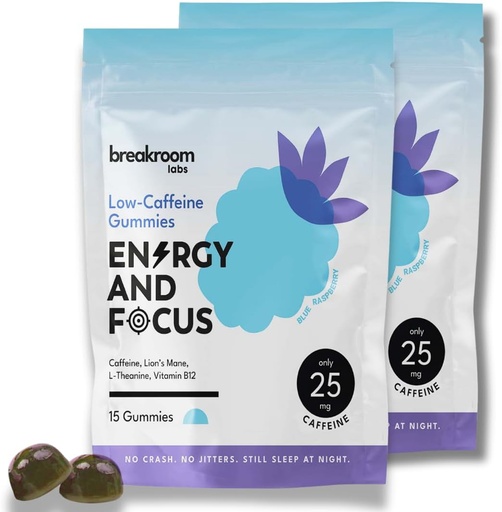 [BRSRAHQ5CMCGOAIV] Breakroom Labs Energy and Focus Gummies – Low Caffeine 25mg w/L-Theanine, Lions Mane, Vitamin B12 – Nootropic Brain Supplement for Adults, Kids - Vegan, Low Sugar, Blue Raspberry Flavor, 30 Servings