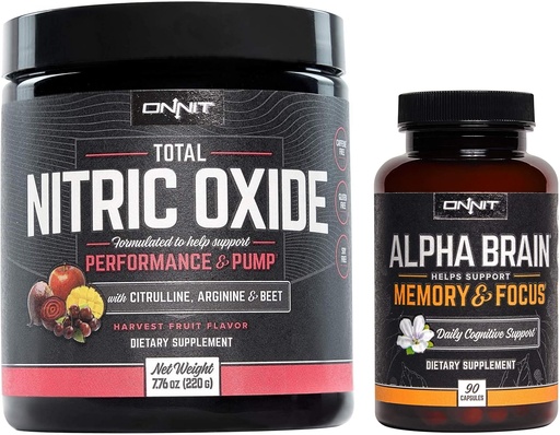 [BRSWYHATDEIRM3YV] ONNIT Nootropic + Preworkout Stack - Alpha Brain (90ct) + Total Nitric Oxide (Harvest Fruit)