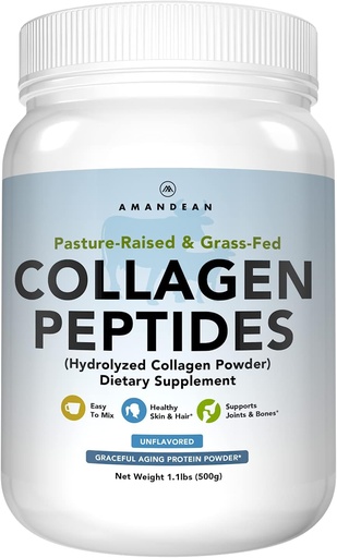 [BRSWKEANPMAQG3LI] AMANDEAN Collagen Peptides прах (17.6oz). Grass-Fed Hydrolyzed протеин добавка. Промотира здрави съединения, кожа, коса, нокти. Неароматизирани и лесни за смесване.