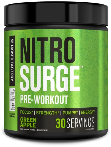 [BRSWYFADBF6A4A32] Jacked Factory NITROSURGE Pre Workout Supplement - Endless Energy, Instant Strength Gains, Clear Focus, Intense Pumps - NO Booster & Powerful Preworkout Energy Powder - 30 Servings, Green Apple