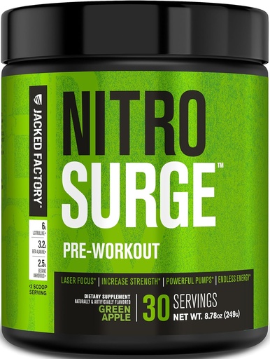 [BRSWYFADBF6A4A32] Jacked Factory NITROSURGE Pre workout täydennysosa - Loputon energia, Instant Strength Gains, Clear Focus, Intense Pumput - NO Booster & Powerful Preworkout Energy Powder - 30 tarjoilut, Green Apple