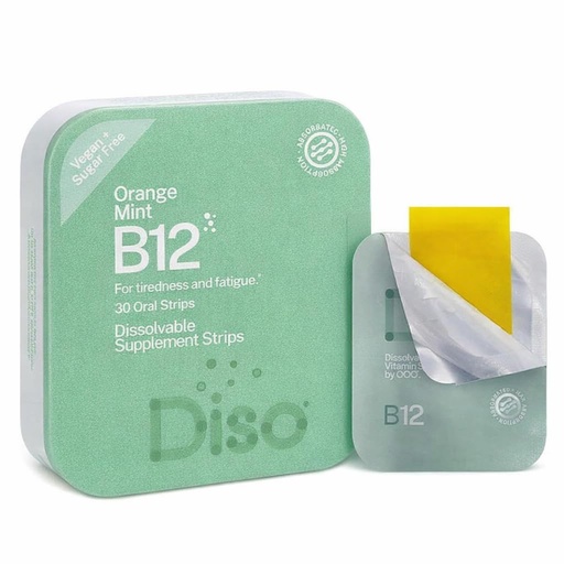 [BRSRAGIEAAPWKFA3] DISO - Vitamin B12 - Fast-Dissolving Oral Strips, for Tiredness and Fatigue, Orange Mint Flavor, Vegan, Sugar Free, Maximum Absorption, Gluten Free, Individually Wrapped, 30 Dissolvable Strips