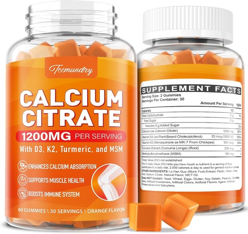 [BRSRAFL3DMOWEG37] Calcio 1200 mg con vitamina D3 Suplemento Gummies para adultos: Absorción final Citrato de calcio con vitamina D3 K2, Extracto Turmérico, MSM para hombres