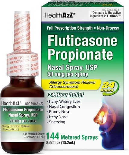 [BRSROAYZAUPGO2D4] HealthA2Z ® Fluticasone Propionat Nasal Spray < 124; 50 mcg per Spray > 124; 24 timers allergilindring > 124; 144 sprays > 124; 0,62 fl oz. (18,2 ml) (0,62 fl oz. (pakning med 1 stk.)