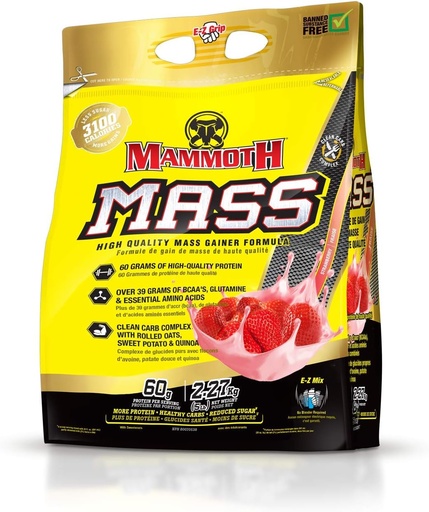 [BRSWIBY5CEHQK2TY] MAMMOTH Mass: Weight Gainer, High Calorie Protein Powder Workout Smoothie Shake, Meal Replacement, Low Sugar, Whey Isolate Concentrate, Casein Protein Blend, High Protein (Strawberry, 5lb)