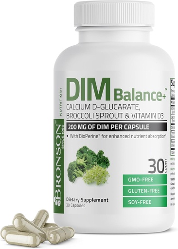 [BRSROGIFCQIAKGTP] Bronson DIM Balance + Kaltsium D-glükaraat, brokoli idandid ja vitamiin D3 200 MG ühe kapsli kohta toetab östrogeeni metabolismi ja tasakaalustatud hormoonide taset mitte-GMO, 30 taimekapslit
