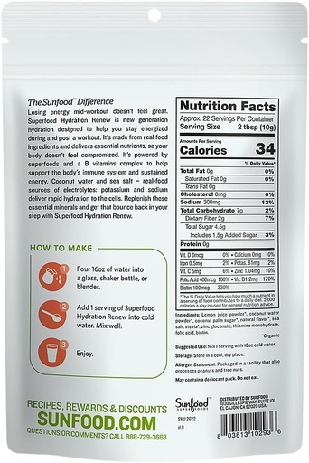 [BRSW2ZAHOQMAGAL7] Sunfood Superfood Hydration Erneut Kokoswasserpulver, Elektrolytpulver mit Zitronen, Meersalz & Minerals, Clean Organic Electrolyte Drink Mix - 8 oz Bag