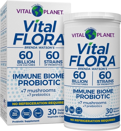 [BRSWYGLYCJYG2CA2] Vital Planet - Vital Flora Immune Support Probiotic, 60 Billion CFU, 60 Diverse Strains, 7 Organic Mushroom Supplement Blend with Prebiotics, Shelf Stable Digestive Health Probiotics 30 Capsules