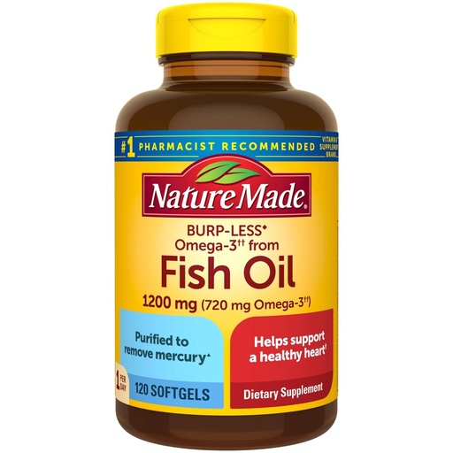 [BRSWKYQ3CB5WODTA] Nature Made Burp-Less Fish Oil 1200 mg One Per Day, 120 Softgels, Fish Oil Omega 3 Supplement For Heart Health