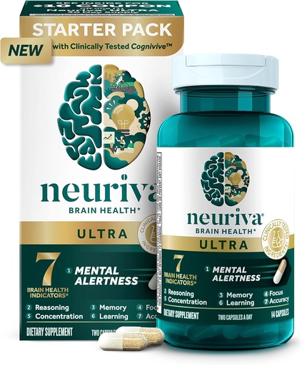[BRSRMAIZOJYRMH3K] NEURIVA Ultra Decaffeinated קלינית Tested Nootropic Brain תוסף עבור התראה נפשית, מזכר, Focus & Concentration, Cognivive, Neurofactor, Phosphatidylserine,Vitamins B6 B12, 14 קרט קפסולות