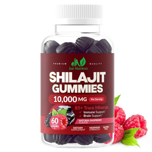 [BRSRAEI5AUNRYCA7] Shilajit 10,000mg Gummies for Men & Women - Maximum Strength Pure Himalayan Shilajit, Gluten-Free, Non-GMO, 100% Vegetarian - Natural Raspberry Flavor - 60 Count