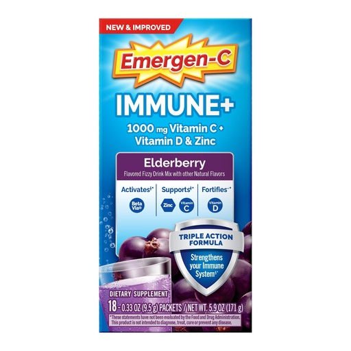 [BRSWY2YKBEHGM2A4] Emergen-C Immune+ Triple Action Immune Support Powder, BetaVia (R), 1000mg Vitamin C, B Vitamins, Vitamin D and Antioxidants, Elderberry – 18 Count