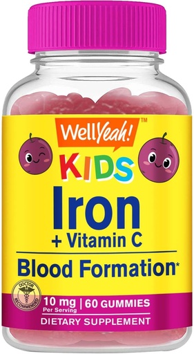 [BRSRM2QEOAHWEE3X] WellYeah Iron Gummies for Kids with Vitamin C - Anemia Support, Red Blood Cell Formation, Energy, and Immunity Support Gummy, Iron Supplements for Kids - GMO Free, Natural Grape Flavor - 60 Count