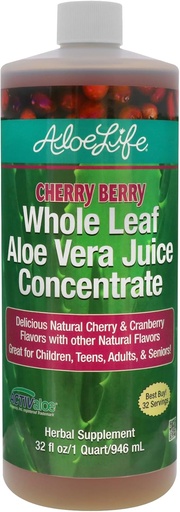 [BRSWIYT3PMDAMA3I] Aloe Life - 全叶 Aloe Vera Juice, 认证有机体,无糖(Chery Berry, 32 oz)