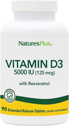 [BRSWIZQLOAPA4YDK] Naturas Plus Vitamina D3, eliberare extinsă - 90 comprimate Vegan - 5000 UI + 25 mg Trans-Resveratrol - Heart & Bone Health, Immune System Support, Anti-Aging - Gluten Free - 90 Servings