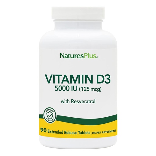 [BRSWIZQLOAPA4YDK] NaturesPlus Vitamin D3, Extended Release - 90 Vegan Tablets - 5000 IU + 25 mg Trans-Resveratrol - Heart & Bone Health, Immune System Support, Anti-Aging - Gluten Free - 90 Servings
