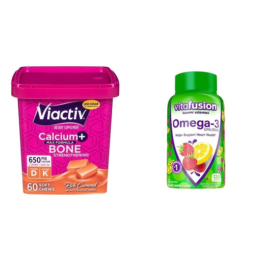 [BRSRAZTYOEFGGHY4] Viactiv Calcium Chews & Vitafusion Omega-3 Gummy Vitamins Bundle - 60 Calcium Chews for Bone Health + 120 Omega-3 Gummies for Heart Health