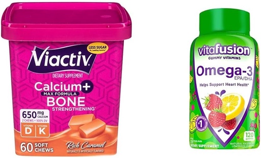 [BRSRAZTYOEFGGHY4] Viactiv Calcium Chews & Vitafusion Omega-3 Gummy Vitamins Bundle - 60 Calcium Chews for Bone Health + 120 Omega-3 Gummies for Heart Health