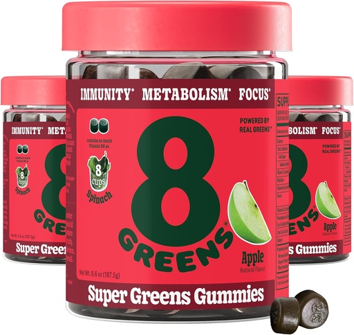 [BRSRMBIZDEOR63DB] 8Greens Supergreens Gummies | Super Greens Powder Superfood Gummy for Metabolism, Immunity & Focus, Digestive Health Enzymes, Organic: Chlorella, Spirulina, Aloe Vera, Apple Flavor, 150 Count