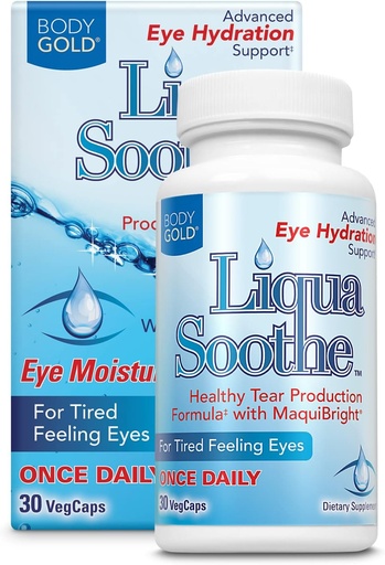[BRSROZT2DIHQGD3P] Body Gold Liqua Soothe Eye Health Supplement, Healthy Tear Production Formula for Dry, Tired Feeling Eyes, w/MaquiBright, Vitamin A, Lutein and Hyaluronic Acid, 60 Day Guarantee, 30 Serv, 30 VegCaps