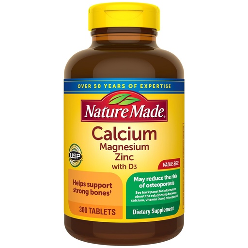 [BRSWIYQGA54BE3TY] Nature Made Calcium Magnesium Zinc with Vitamin D3, Dietary Calcium Supplement for Bone Support, 300 Tablets