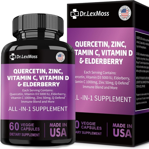 [BRSRAFQ5A4BB6G32] 60 Count Quercetin 1000mg Zinc 50mg Vitamin C 1000mg Vitamin D 5000IU Immune System Support Supplement with Echinacea Ginger Bromelain Sea Moss Garlic Nettle Vegan Capsules for Men and Women,USA