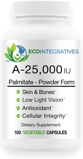 [BRSWYZL7BENGCG35] A-25,000 Đối xứng IU Palmite Powder (100 Capsules) Non-GMO, Hỗ trợ tầm nhìn ánh sáng thấp, sự hỗ trợ của Immune, tính chính xác tế bào của da và xương, Antioxidant (đứng thẳng đứng)