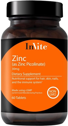 [BRSWY2YKBEFRO2A7] InVite Health Zinc Picolinate - 30 mg as Zinc Picolinate - Supports Immune, Nail, Skin and Hair Health - 60 Tablets (2-Pack)