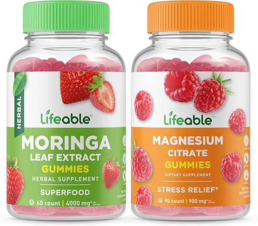 [BRSROFI3OANQM3A7] Elujõuline magneesium + Moringa Leaf, Gummies Bundle - suurepärane maitse, vitamiinilisand, Gluteenivaba, GMO-vaba, närimiskumm