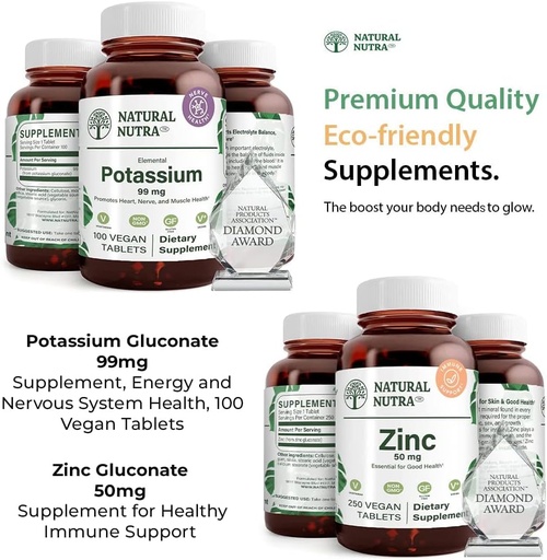 [BRSRMAI3OUGWAFAV] Natural Nutra Potassium Gluconate 99 mg and Zinc Gluconate 50 mg Supplements Helps to Maintain Immunity and Energy Level, Gluten Free, Essential for Good Health.