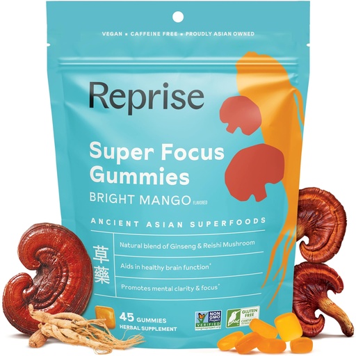 [BRSRA2QEPIFRQD3F] Focus Gummies for Adults | American & Korean Ginseng with Reishi Mushroom extracts | All Natural Gummies for Focus, Mood, and Energy | Mango Flavored | 45 Count
