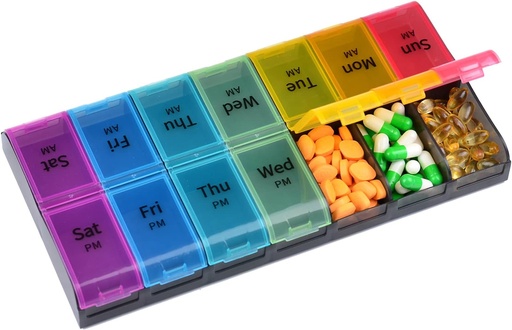 [BRSRMELYCRYGYDT5] Large Capacity Weekly Pill Organizer, 7 Day 2 Times A Day Large Compartments Pill Cases, AM/PM BPA-Free Pill Box Design for Vitamins Fish Oil supplements Arthritis Friendly (Rainbow)